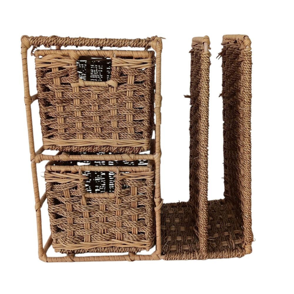 Rattan Wicker Desk Organizer Letter Holder 2 Drawers Light Brown 9x9x5 Vintage